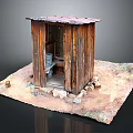 Rustic Wooden Hut With Rusted Roof Open Doorway Bucket Inside On Dirt Ground