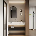 Modern Bathroom Vanity With Arched Mirror Round Wall Lights And Marble Countertop