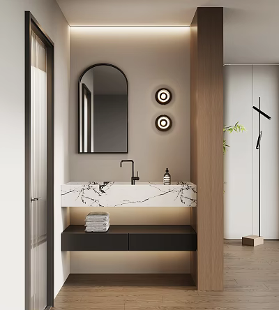 Modern Bathroom Vanity With Arched Mirror Round Wall Lights And Marble Countertop 3d model