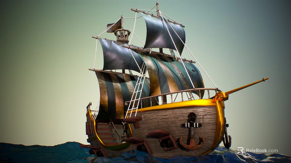 Wooden Ship with Striped Sails Hull Gold Accents and Anchor on Ocean Waves Under Sky 3d model 