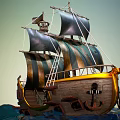 Wooden Ship with Striped Sails Hull Gold Accents and Anchor on Ocean Waves Under Sky