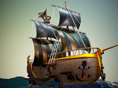 Wooden Ship with Striped Sails Hull Gold Accents and Anchor on Ocean Waves Under Sky 3d model