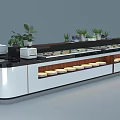 Buffet Table Setup With Various Foods Green Plants White And Black Countertops And Multiple Plates