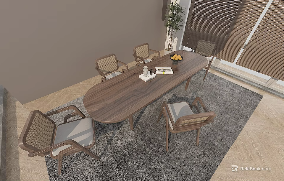 Modern Wooden Dining Table Set with Six Woven Backrest Light Cushion Chairs and Fruit Bowl 3d model 