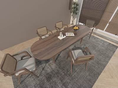 Modern Wooden Dining Table Set with Six Woven Backrest Light Cushion Chairs and Fruit Bowl 3d model