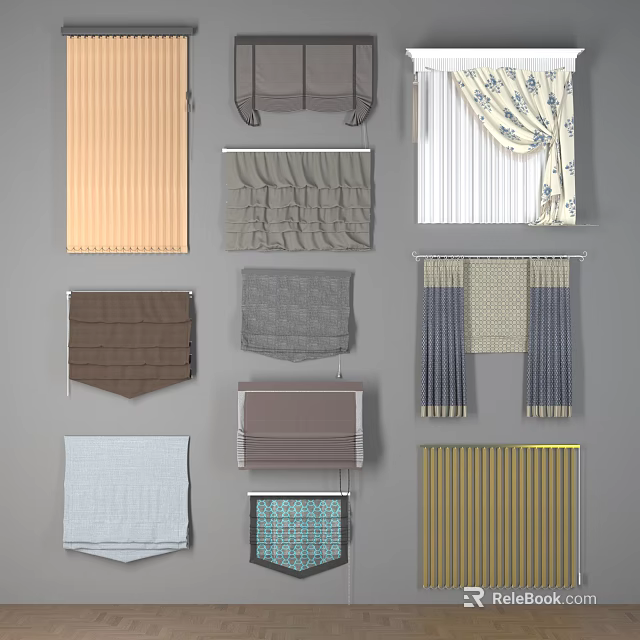 Various Curtain Styles Including Roman Blinds Striped and Patterned Window Drapes 3d model 
