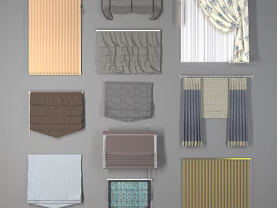 Various Curtain Styles Including Roman Blinds Striped and Patterned Window Drapes 3d model