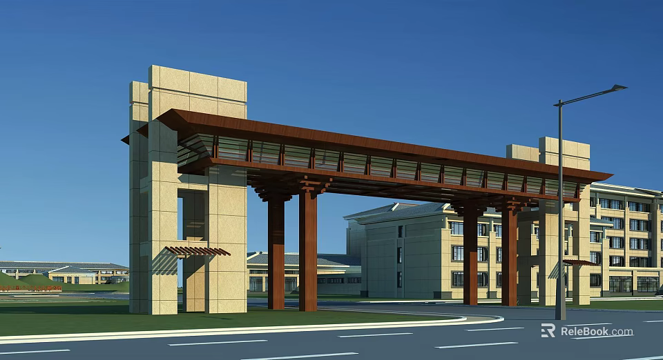 Modern Entrance Gate Design With Stone Columns Wooden Beam And Building Background 3d model 