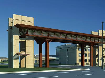 Modern Entrance Gate Design With Stone Columns Wooden Beam And Building Background 3d model