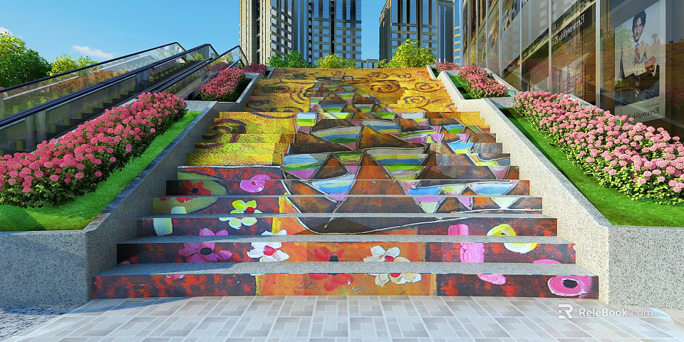 Colorful Outdoor Stairs With Artistic Graffiti Surrounded By Flowers And Tall Buildings 3d model 