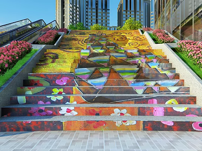 Colorful Outdoor Stairs With Artistic Graffiti Surrounded By Flowers And Tall Buildings 3d model