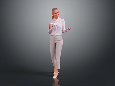Professional Woman In White Shirt And Beige Pants Holding A Cup Standing Against Gray Background 3d model