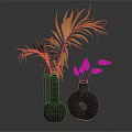 Textured Black Vase with Orange Leaves and Dark Hole Vase with Spike Flowers on Blue