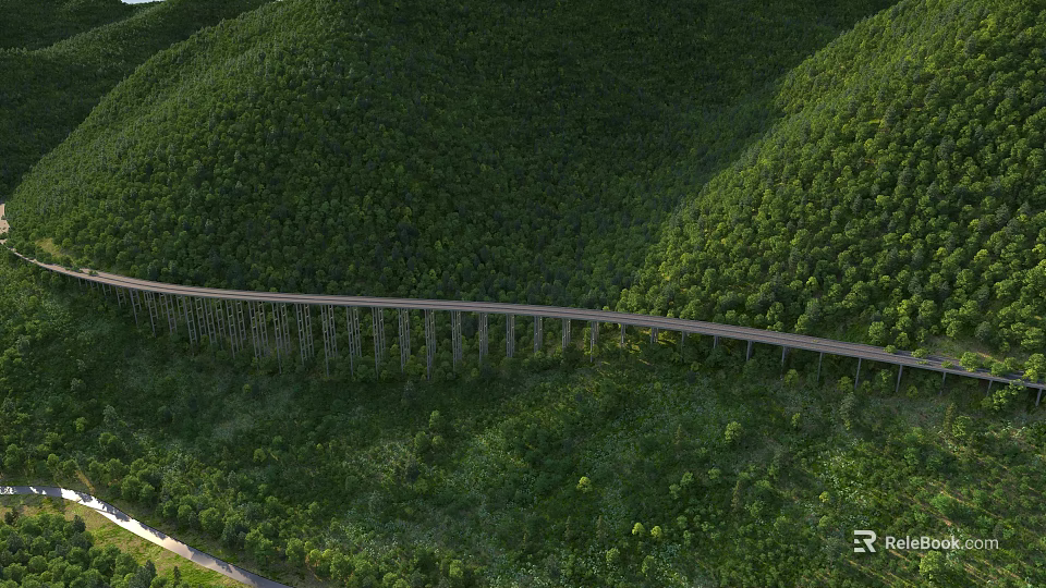 Stunning Natural Scenery of Long Viaduct Running Through Lush Dense Green Forested Mountains 3d model 
