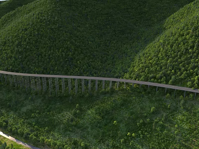 Stunning Natural Scenery of Long Viaduct Running Through Lush Dense Green Forested Mountains 3d model