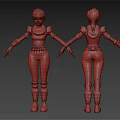 3D Character With Red Hair Scarf Blue Top Brown Pants Mechanical Arms Front Back Views