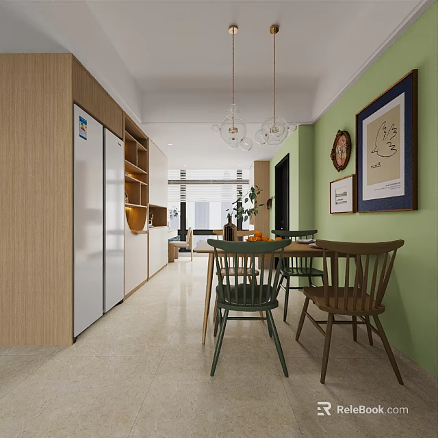 Cozy Dining Living Room Interior With Wooden Cabinets Green Walls Pendant Lights And Green Chairs 3d model 