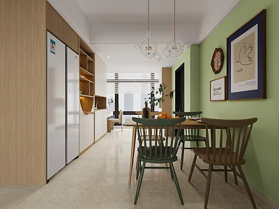 Cozy Dining Living Room Interior With Wooden Cabinets Green Walls Pendant Lights And Green Chairs 3d model