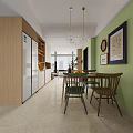 Cozy Dining Living Room Interior With Wooden Cabinets Green Walls Pendant Lights And Green Chairs