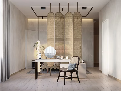 Serene Minimalist Interior With Wooden Sliding Screen Desk Chair Mirror And Natural Light 3d model