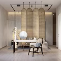 Serene Minimalist Interior With Wooden Sliding Screen Desk Chair Mirror And Natural Light