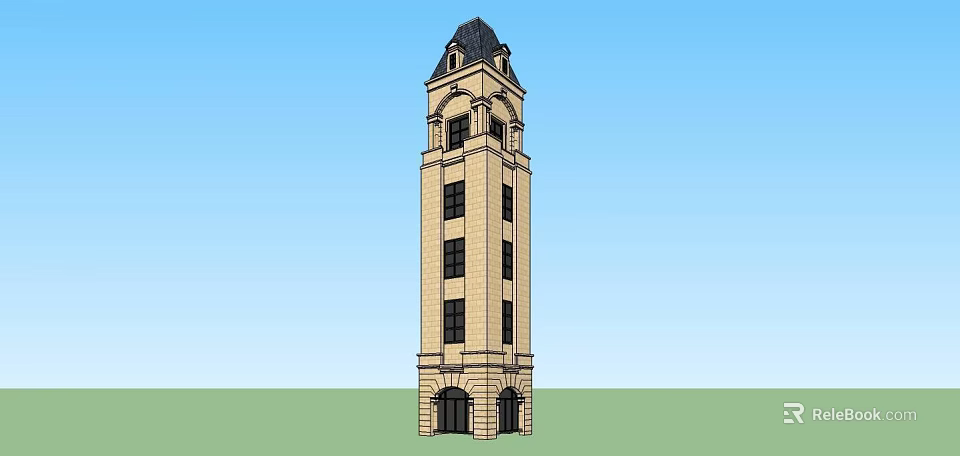 Beige Classical Tower With Black Roof Multiple Windows Arched Entrance And Stone Base 3d model 