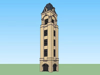 Beige Classical Tower With Black Roof Multiple Windows Arched Entrance And Stone Base 3d model