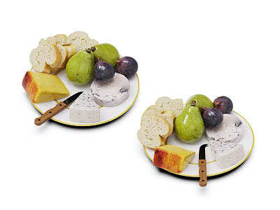 Fresh Pears And Figs With Cheese Bread Slices On Two Plates And Knives 3d model