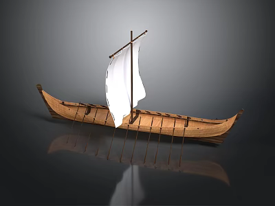 Ancient Wooden Watercraft with White Sail and Traditional Hull Design on Reflective Surface 3d model