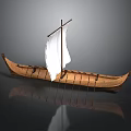 Ancient Wooden Watercraft with White Sail and Traditional Hull Design on Reflective Surface