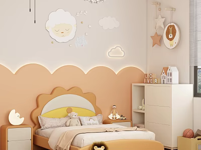 Cozy Children's Room with Cloud Star Decorations Orange Beige Walls and Stuffed Toys 3d model