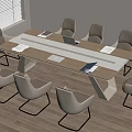 Modern Conference Table With Wooden White Top Laptops Documents And Ergonomic Chairs In Office