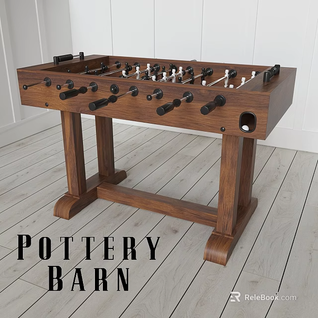 Pottery Barn Wooden Foosball Table with Black Rods and White Player Figures Indoor Sports Equipment 3d model 