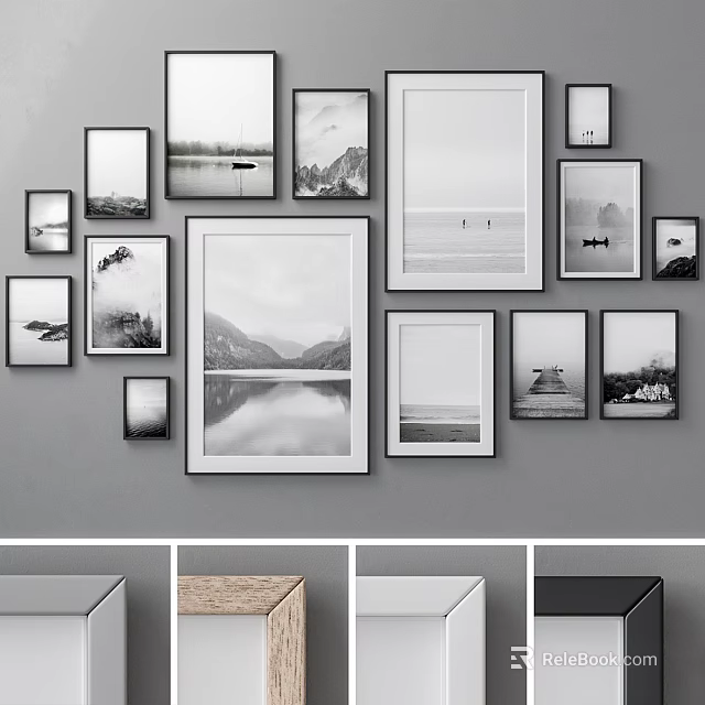 Stylish Black and White Photo Frames Wall Decor with Various Material Storage Boxes 3d model 