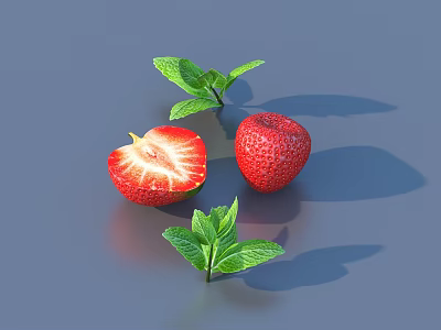 Fresh Ripe Strawberries With Sliced Half And Mint Leaves On Gray Background 3d model