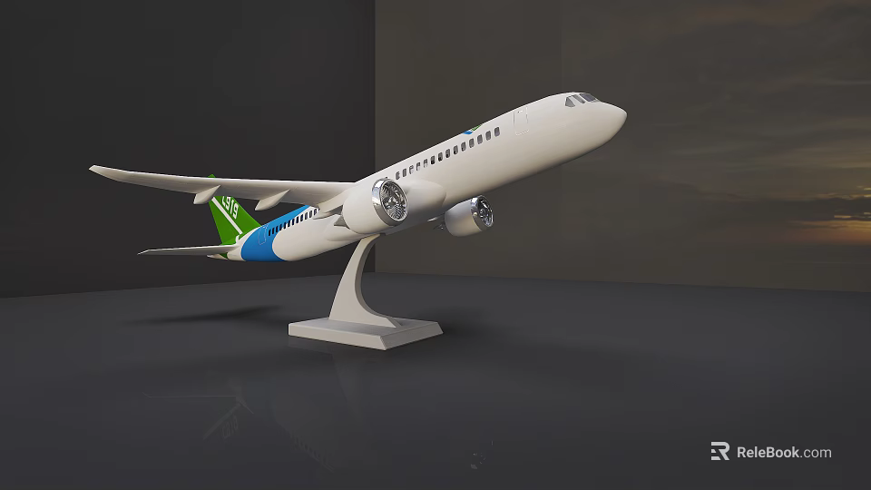 Airplane Model Decorative Ornament Set With White Body Green Blue Tail On White Display Stand 3d model 