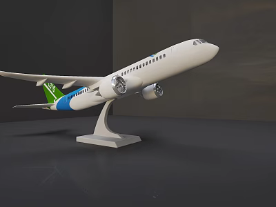 Airplane Model Decorative Ornament Set With White Body Green Blue Tail On White Display Stand 3d model