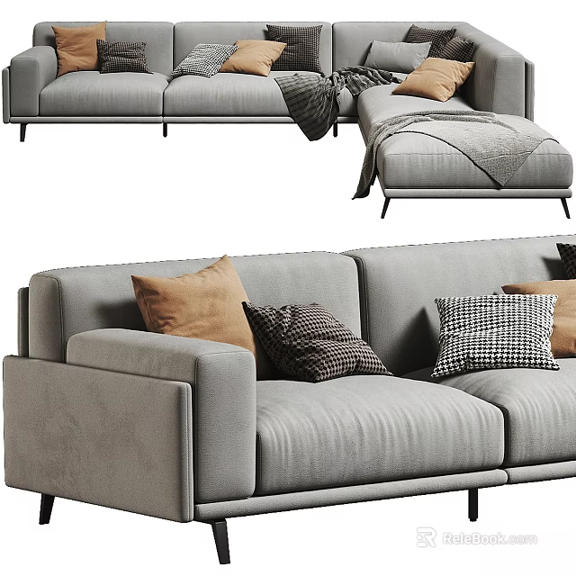 Modern Sectional Multi Person Sofa With Gray Fabric And Decorative Pillows 3d model