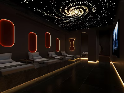 Luxurious Modern SPA Sauna Interior With Starry Spiral Ceiling Red Oval Lights and Comfortable Loungers 3d model