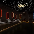 Luxurious Modern SPA Sauna Interior With Starry Spiral Ceiling Red Oval Lights and Comfortable Loungers