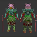 Ornate Samurai Armor With Red And Gold Decoration Front Back Views Holding Weapons