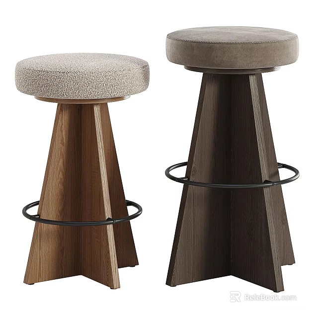 Modern Bar Stools With Upholstered Seats Wooden Legs And Metal Footrests 3d model 