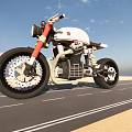 White Red Café Racer Motorcycle With Exposed Engine On Open Road Under Blue Sky