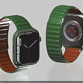 Two Modern Watches with Green Straps Brown Linings Front Dial and Back Design Details