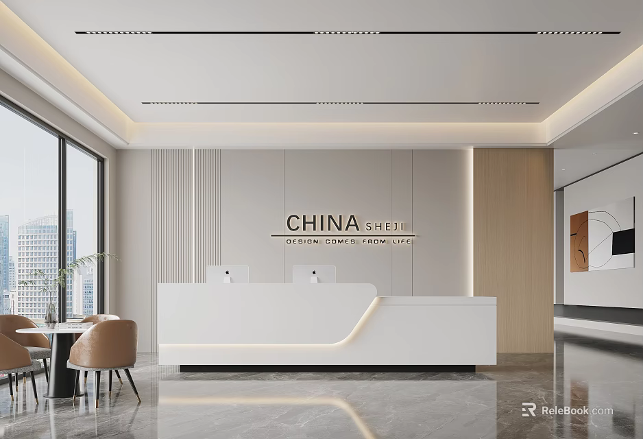 Modern Reception Desk Interior Design With China Street Sign And Marble Floor 3d model 