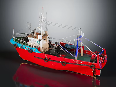 Red And Blue Water Transport Model Boat With Lifebuoys And Deck Equipment 3d model