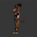 Cartoon Monkey Character Wearing Brown Overalls White T-Shirt and Cap with Arms Outstretched