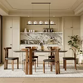 Elegant Modern Dining Area With Round Table Wooden Chairs Hanging Pendant Lights And Marble Backsplash