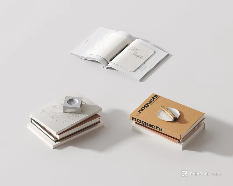Opened and Stacked Books with Orange Cover MORISCHI Text and Circular Pattern 3d model