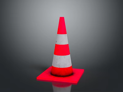 Red And White Striped Traffic Cone With Red Base On Gray Background Safety Road Equipment 3d model